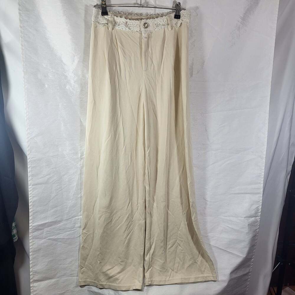 Lizette Collection Beige Wide Leg Pants with Lace Waistband Detail